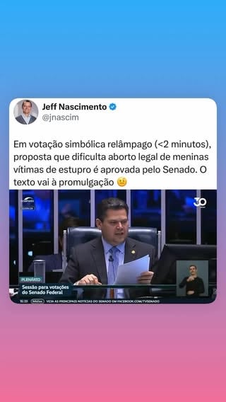 Pra acabar com a escala 6x1 😴 Pra legalizar o aborto infantil 🥳 O plenário do Senado Federal aprovou nesta terça-feira (2) um projeto de decreto legislativo (PDL) que suspende os efeitos de uma resolução do Conselho Nacional dos Direitos da Criança e do Adolescente (Conanda), de dezembro de 2024, que regulamenta o direito de menores ao aborto legal.

A votação do requerimento de urgência e do mérito do projeto levaram exatos 1 minuto e 42 segundos. A votação simbólica – modalidade em que não fica registrado quais senadores votaram a favor ou contra. 

Antes, ainda nesta terça, a Comissão de Direitos Humanos (CDH) do Senado já tinha aprovado o projeto. Como já foi aprovada pela Câmara dos Deputados em novembro de 2025, a proposta passa a ter validade após a promulgação pelo Congresso Nacional. 

A resolução, que entrou em vigor em janeiro de 2025, destaca que a gestação em crianças e adolescentes é um processo que “representa risco à saúde física, psicológica e mental que pode resultar em impactos sociais no seu pleno desenvolvimento, aumento de adoecimento, incapacidade e mortes”.